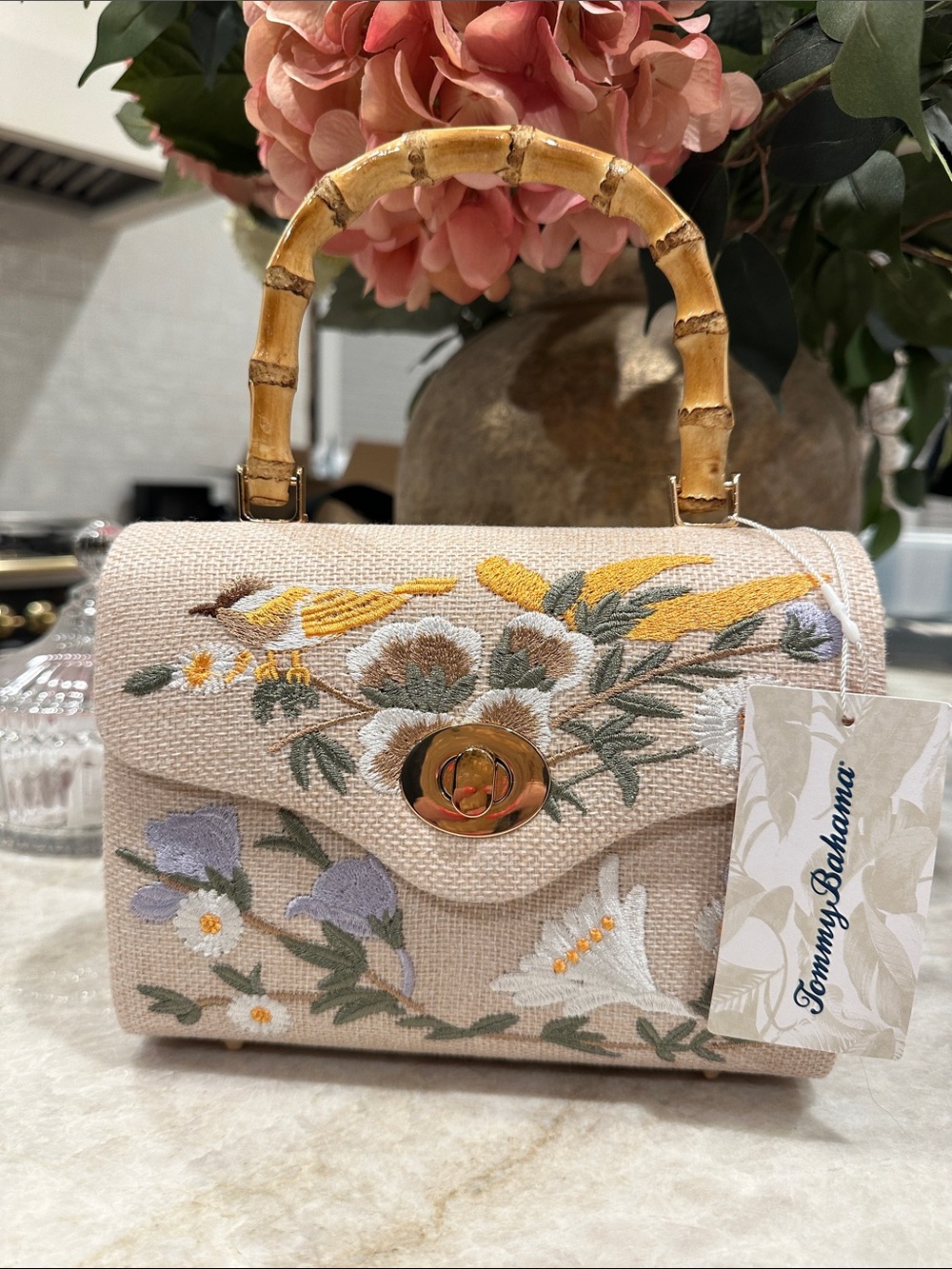 Tommy Bahama Beige Floral Embroidered Mini Bag with Bamboo Handle